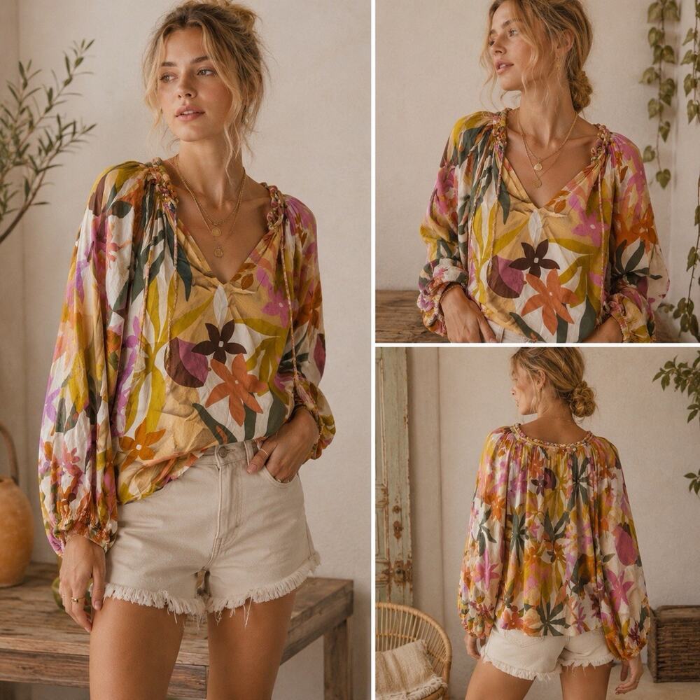Velvet By Graham & Spencer Floral Boho Peasant Blouse Pink Mustard Tropical S